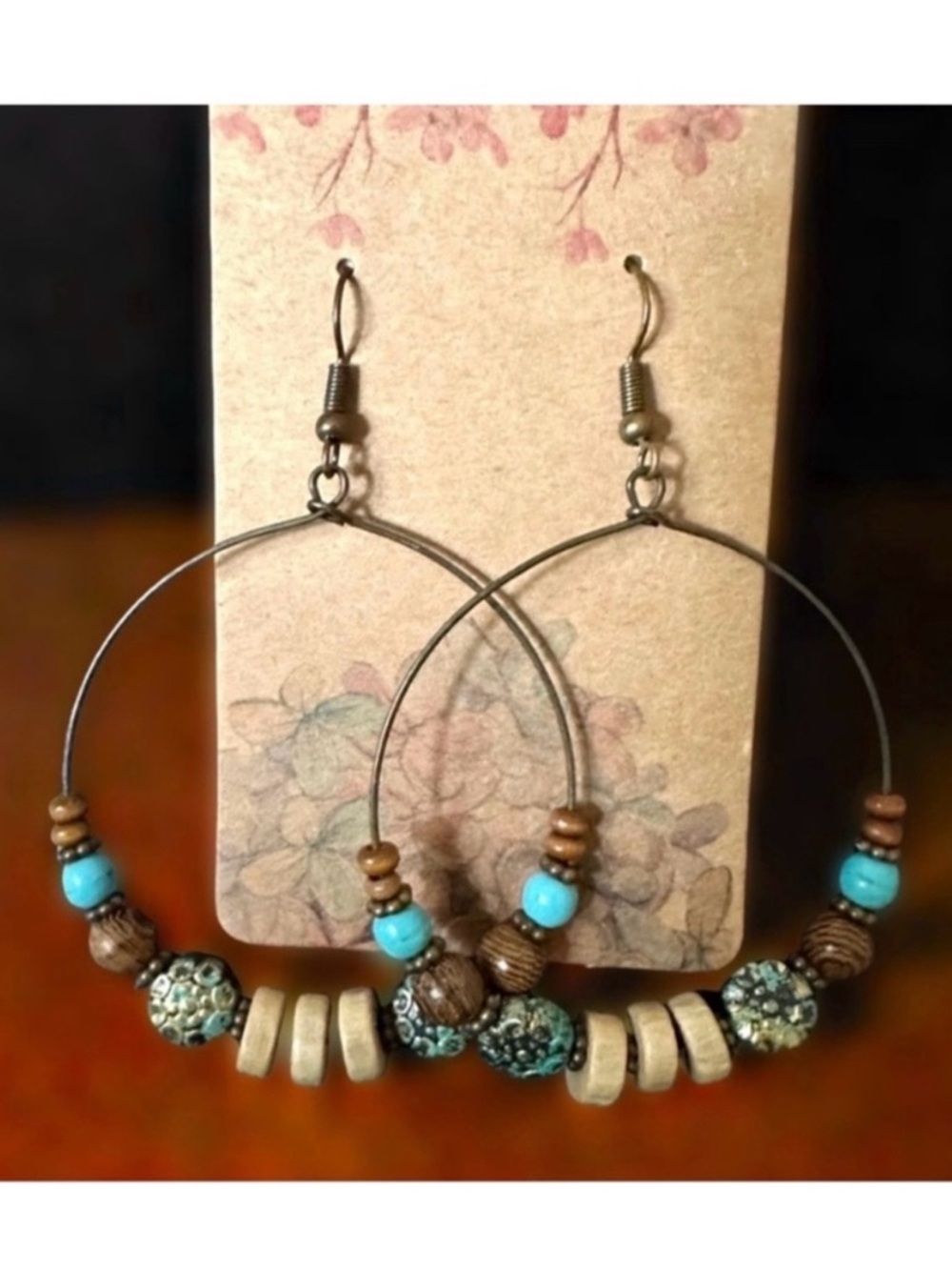 Boho Beaded Hoop Earrings Turquoise Color Wood Neutral Statement Dangle
